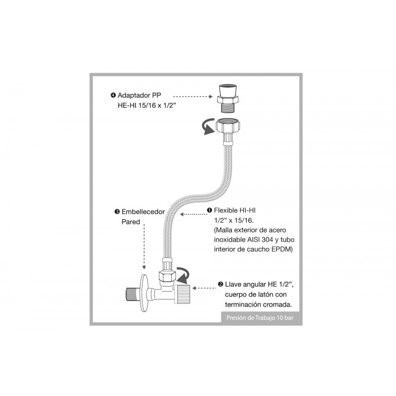KIT LLAVE + FLEXIBLE INOX 35 CMS. HI HI 1/2″ X 15/16 CON ADAPTADOR 1/2″ HOFFENS - Imagen 2